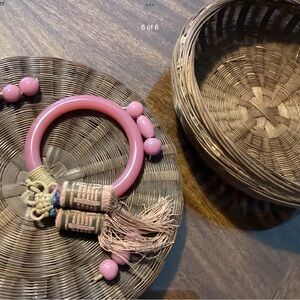 Vintage sewing basket  with pink glass beads and Tassels
